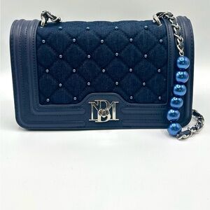 Badgley Mischka denim diamond quilted crossbody with faux pearls and a turn lock